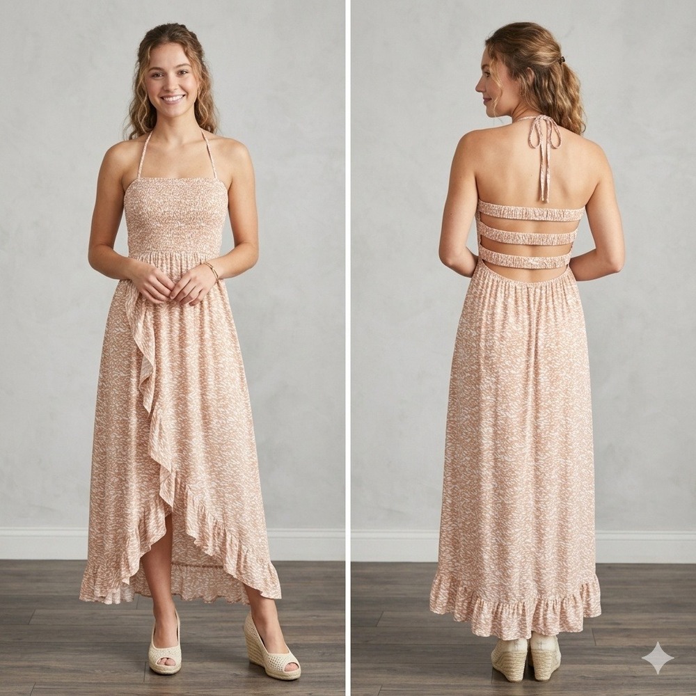 Shop Neighbor Maxi Dress Womens Size M Tan White Smocked Halter High Low NEW